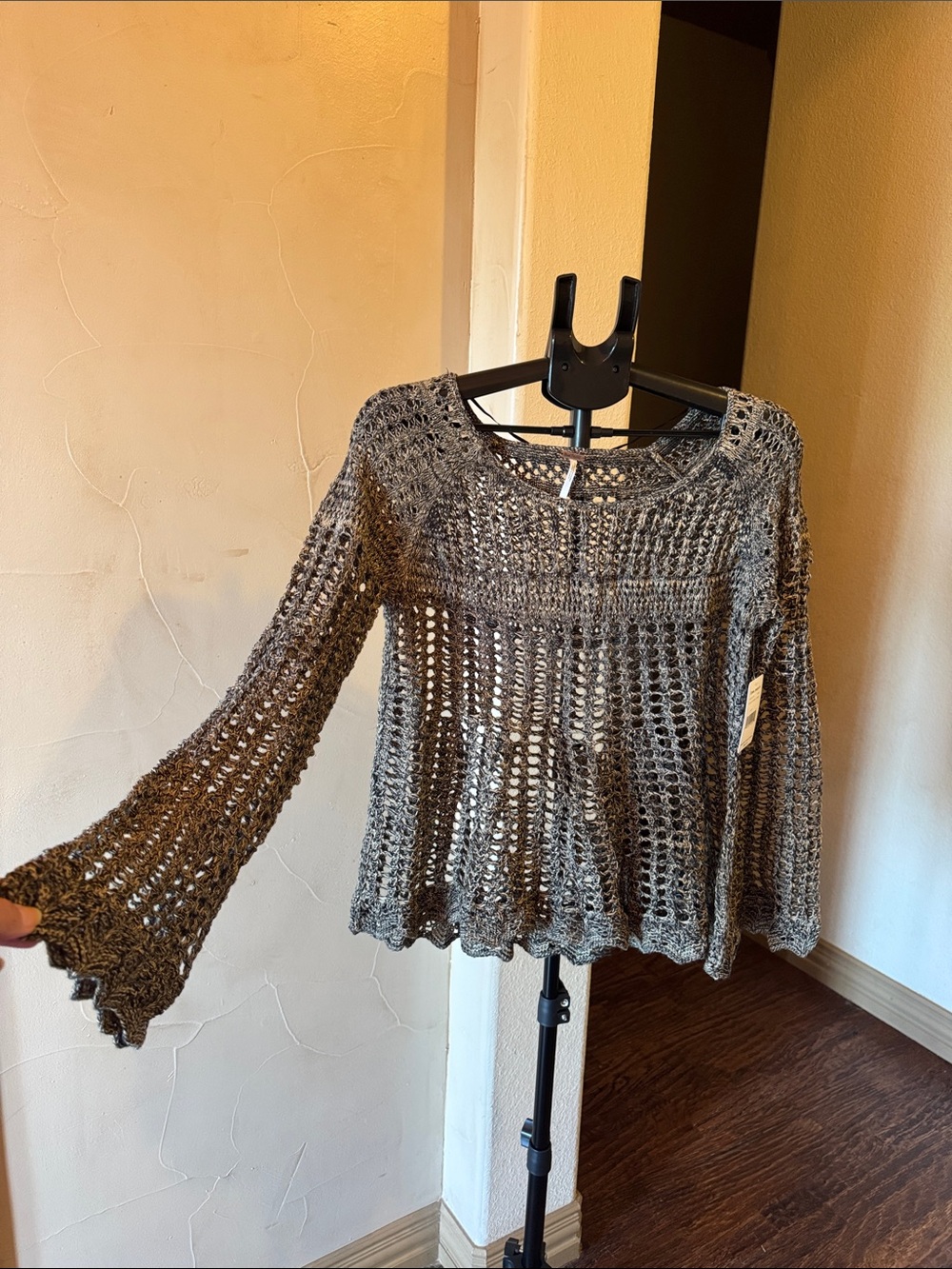 Free People Open-Knit Crochet Bell Sleeve Top in Gray